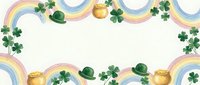 St. Patrick's Day frame with rainbows, shamrocks, leprechaun hats and gold pots on white background for festive greeting cards and holiday designs.