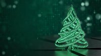 Digital Christmas tree made of green binary code numbers on dark technology background for holiday tech concepts and cyber celebrations.