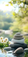 Balanced zen stones pyramid with white daisies reflecting in calm water against soft natural bokeh background, creating peaceful spa and wellness atmosphere.
