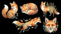 Cute fox character collection with fluffy tail, sleeping pose, standing position, running pose, and floral wreath designs isolated on transparent background. Ready for t-shirt designs, clipart, stickers, sublimation, and print-on-demand products.