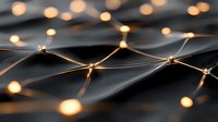 Golden light nodes connected by glowing wires on dark surface, representing network, technology, data connection, and digital communication systems for web design.