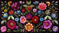 Vibrant folk art floral embroidery pattern with colorful blooms and foliage on black background, featuring traditional decorative stitching techniques.