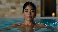 Asian woman with natural makeup smiling while relaxing in blue swimming pool water at spa wellness center, shoulders visible above waterline, soft ambient lighting.