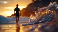 Surfer in wetsuit standing in shallow ocean water at golden sunset, watching waves crash on beach with warm glowing light and bokeh effects.