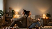 Young couple sitting back-to-back on floor in cozy living room with warm lighting, plants, and wooden furniture. Relationship, relaxation, home comfort concept.