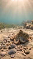 Octopus resting on sandy ocean floor surrounded by seashells and coral formations with sunlight filtering through water creating peaceful underwater scene.