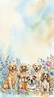 Watercolor dogs portrait with floral border on pastel background for pet lover designs and greeting cards.