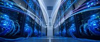 Server room with rows of illuminated blue server racks and glowing digital displays, representing data center infrastructure, cloud computing, and network technology operations.