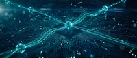 Glowing turquoise digital network with interconnected nodes and circuit pathways, representing data flow, artificial intelligence, and technology infrastructure for web design and digital communications.