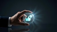 Businessman hand holding glowing digital sphere with healthcare icons, representing medical technology, digital health solutions, and smart medicine innovation.