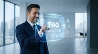 Professional businessman in dark suit interacting with holographic FAQ interface display in modern office environment for customer service solutions.