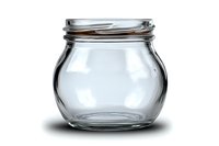 Empty round glass jar with screw top lid isolated on white background, suitable for preserves, honey or cosmetic packaging design mockups.