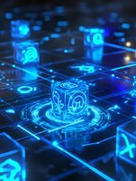 Glowing blue cubes with digital symbols float above futuristic circuit board pattern, creating technological abstract composition with neon lighting effects.