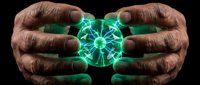 Hands holding glowing green energy orb with electric light effects, representing power, innovation, technology, and future concepts for business and science applications.