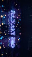 Glowing neon RADIANT SEO text with digital circuit patterns and bokeh lights on dark tech background for web design and marketing materials.