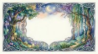 Enchanted forest frame with moonlit sky, glowing fireflies, and ornate silver border, watercolor style, copy space for text or design.