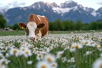 Brown and white dairy cow grazing in blooming daisy meadow with snow-capped mountains in background, pastoral alpine farming scene for agriculture content.