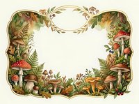 Autumn forest mushroom frame with ferns and foliage creates decorative border for seasonal designs and nature-themed projects on cream background.