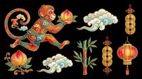 Colorful Chinese zodiac monkey with peach, lantern, bamboo, coins, and clouds, isolated on transparent background, ready for clipart, stickers, and t-shirt design.