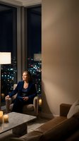 Confident businesswoman in navy suit relaxing in luxury apartment with city lights view at night. Corporate executive lifestyle and success concept.
