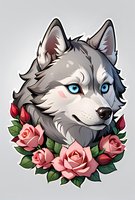 Beautiful husky portrait with pink roses illustration, perfect for tattoo design or print. Decorative wolf head with bright blue eyes surrounded by floral arrangement on light background.