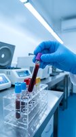 Medical laboratory technician in blue gloves handling blood sample test tube in modern clinical research facility for diagnostic testing and analysis.