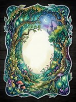 Enchanted forest frame with mystical trees, mushrooms and castle silhouette creating magical oval border for fairy tale designs and fantasy storytelling.