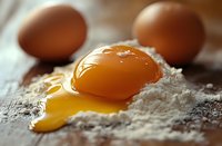 Raw egg yolk with flowing yellow liquid on flour with whole brown eggs in background. Perfect for cooking and baking content.