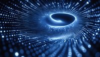 Glowing blue spiral tunnel with radiating light dots creating dynamic perspective effect. Abstract digital background for technology and innovation concepts.