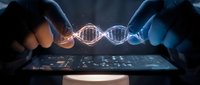 Hands holding glowing DNA double helix above digital tablet with futuristic interface for genetic research and biotechnology applications.