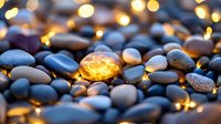 Glowing amber stone among smooth river pebbles with warm fairy lights creating magical bokeh effect for meditation and wellness concepts.