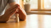 Hands protecting wooden figure on table symbolizing care, insurance coverage, family protection and security concept in warm home interior.