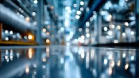 Defocused industrial warehouse interior with blue tones and bokeh lights reflecting on wet floor, creating atmospheric perspective for business backgrounds.