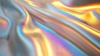 Holographic iridescent fabric with smooth flowing waves and folds creating rainbow metallic reflections and color shifts in gold, blue and pink tones. For fashion design.