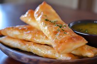 Golden crispy egg rolls served on wooden plate with dipping sauce, garnished with fresh herbs and sesame seeds, close-up view of Asian appetizer.