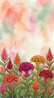 Watercolor celosia and marigold garden with vibrant pink, red, orange blooms and soft pastel sky background, for prints and cards.