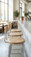Modern cafe interior with wooden bar stools lined along white counter, metal frames, potted plants on shelves, bright natural light from large windows, minimalist Scandinavian design aesthetic for hospitality and restaurant concepts.