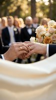 Newlywed couple holding hands with wedding rings during outdoor ceremony with guests and floral bouquet in soft natural light for romantic celebration.