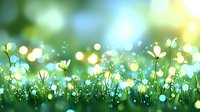 Dreamy meadow scene with glowing white wildflowers against blurred green background, magical bokeh lights and morning dew drops creating ethereal spring atmosphere.