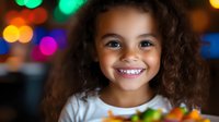 Mixed race girl with curly hair and bright smile against colorful bokeh background, wearing white t-shirt, authentic childhood portrait capturing joy and innocence.