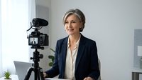 Middle-aged woman with blonde hair, Caucasian ethnicity, wearing dark blazer and white blouse, recording video content with professional camera on tripod in modern office setting.