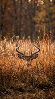 White-tailed deer buck with antlers hiding in tall golden grass during autumn sunset with warm bokeh forest background for wildlife and hunting concepts.
