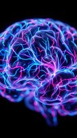 Glowing neon brain with electric neural pathways in vibrant blue and pink colors on black background for neuroscience and technology concepts.