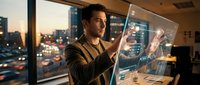 Young businessman analyzing financial data on transparent digital screen in modern office at dusk with city skyline background.