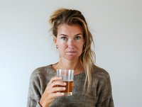 Young Caucasian woman with blonde hair wearing gray sweater holds glass of tea while looking at camera with confident expression against white wall background.