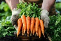 Freshly harvested organic carrots with green tops held in dirty gardening gloves against soil background, showing authentic farm-to-table produce and sustainable agriculture.
