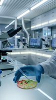 Scientist in blue gloves examining bacterial culture in petri dish with pipette in modern laboratory with microscope and computer equipment.