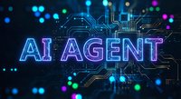 Futuristic AI agent neon text with glowing circuit board patterns and colorful bokeh lights on dark digital technology background for tech presentations.