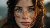 Young Caucasian woman with freckles and striking blue eyes in golden hour light. Natural beauty portrait with warm sunlight and tousled hair for lifestyle content.
