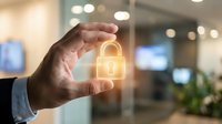 Businessman hand holding glowing digital padlock icon representing cybersecurity, data protection and privacy in modern office environment.